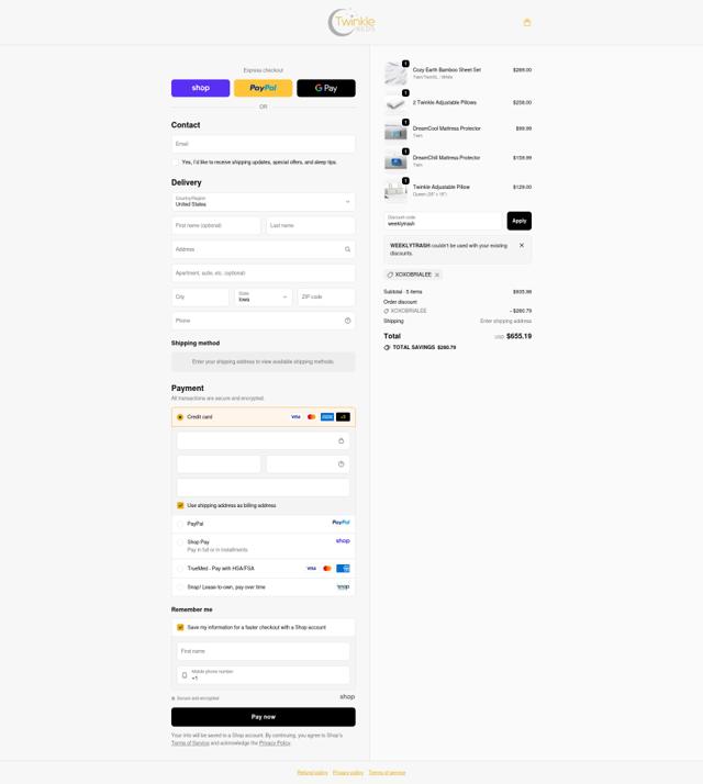 Twinkle Beds checkout page showing Twinkle Beds promo code box | Screenshot taken by SimplyCodes community member on Oct 3, 2025