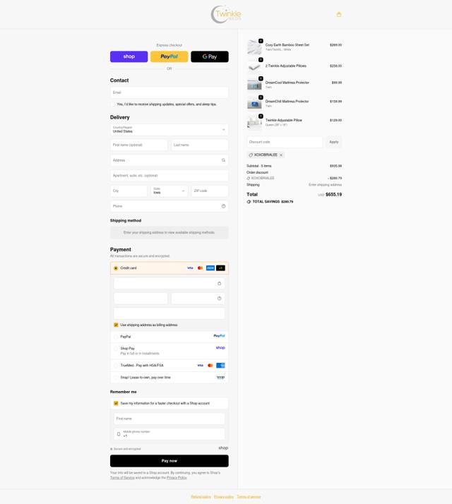 Twinkle Beds checkout page showing Twinkle Beds promo code box | Screenshot taken by SimplyCodes community member on Oct 3, 2025