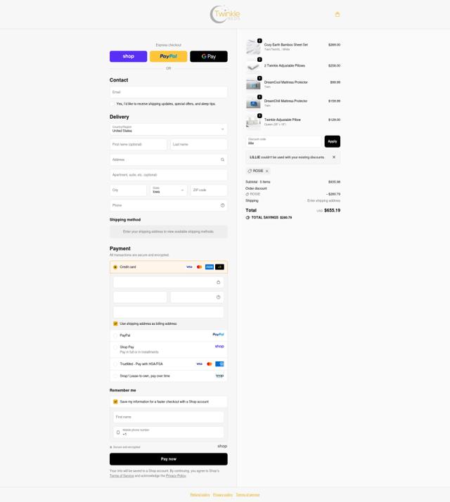 Twinkle Beds checkout page showing Twinkle Beds promo code box | Screenshot taken by SimplyCodes community member on Oct 3, 2025