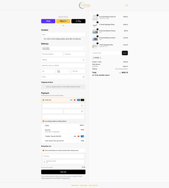Twinkle Beds checkout page showing Twinkle Beds promo code box | Screenshot taken by SimplyCodes community member on Oct 3, 2025