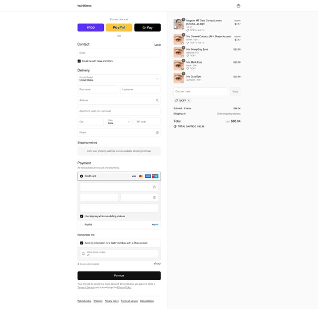 Twinklens checkout page showing Twinklens promo code box | Screenshot taken by SimplyCodes community member on Sep 5, 2025