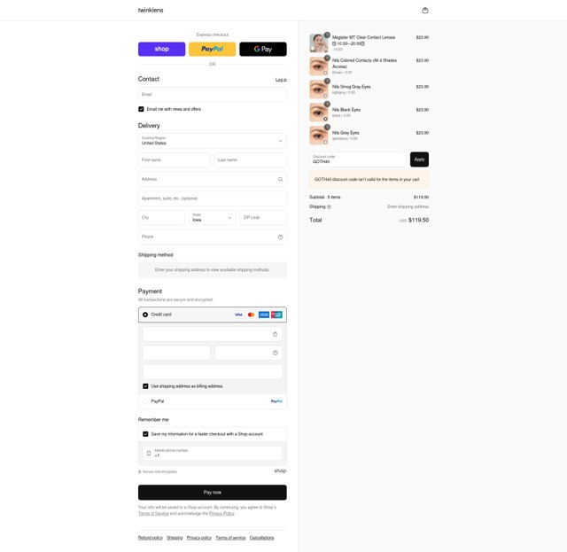 Twinklens checkout page showing Twinklens promo code box | Screenshot taken by SimplyCodes community member on Sep 5, 2025