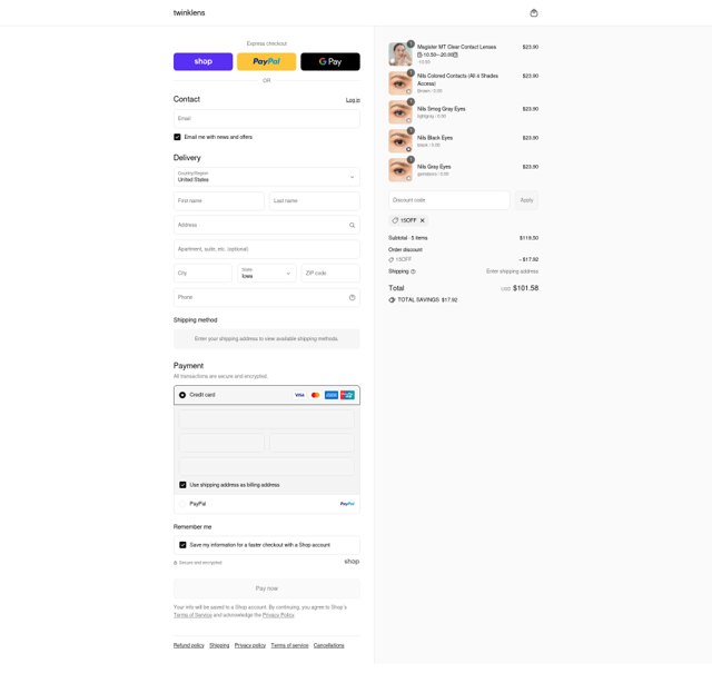 Twinklens checkout page showing Twinklens promo code box | Screenshot taken by SimplyCodes community member on Sep 5, 2025
