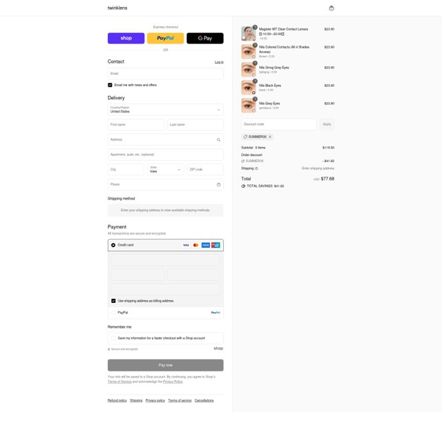 Twinklens checkout page showing Twinklens promo code box | Screenshot taken by SimplyCodes community member on Sep 5, 2025