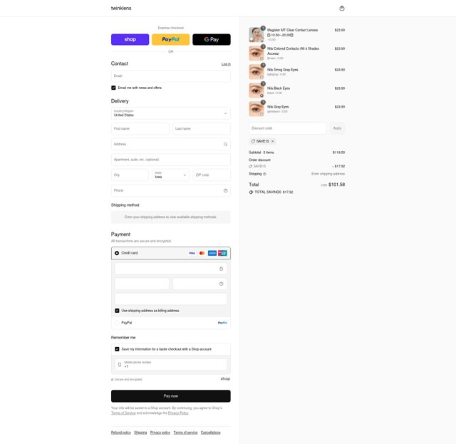 Twinklens checkout page showing Twinklens promo code box | Screenshot taken by SimplyCodes community member on Sep 5, 2025