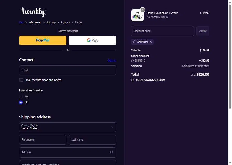 Twinkly checkout page showing Twinkly discount code box | Screenshot taken by SimplyCodes community member on Nov 1, 2025