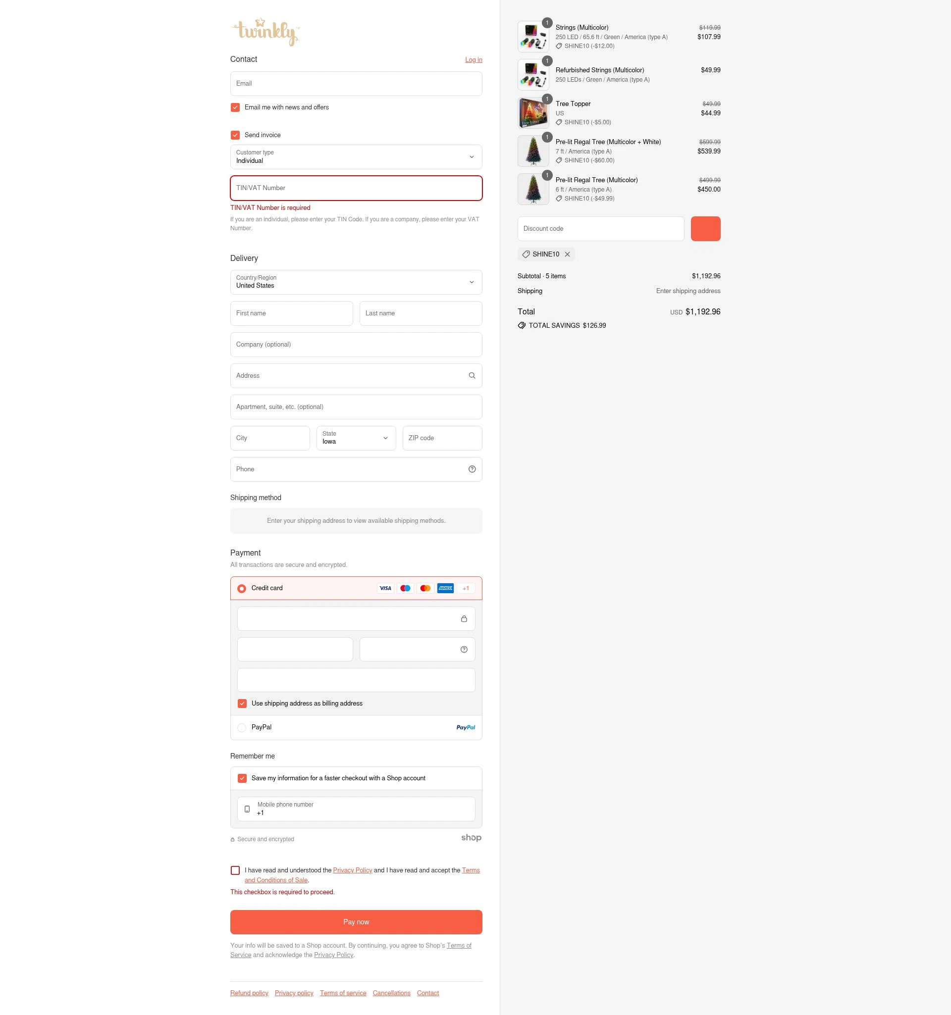 Twinkly checkout page showing Twinkly discount code box | Screenshot taken by SimplyCodes community member on Sep 9, 2025