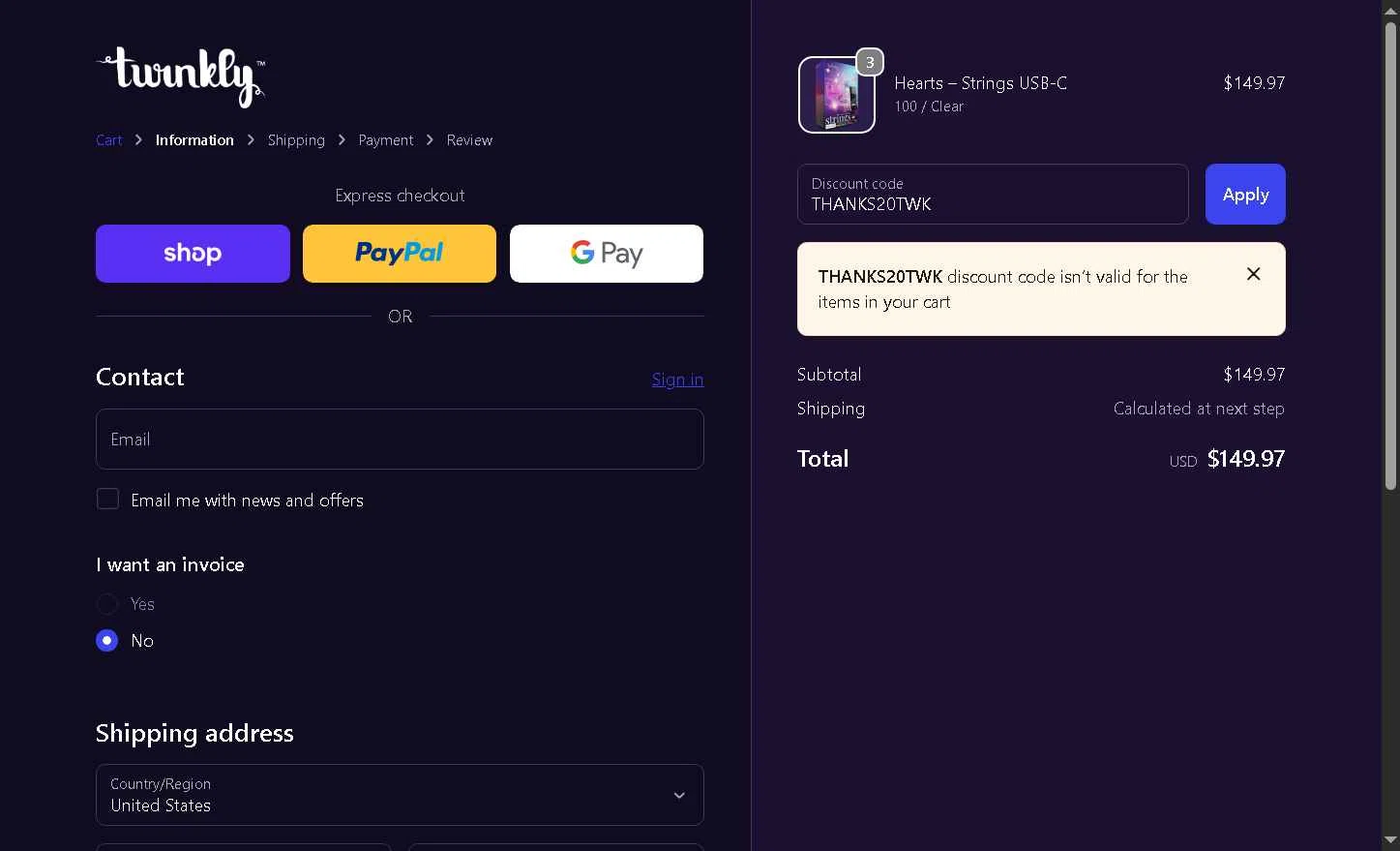 Twinkly checkout page showing Twinkly discount code box | Screenshot taken by SimplyCodes community member on Nov 14, 2025