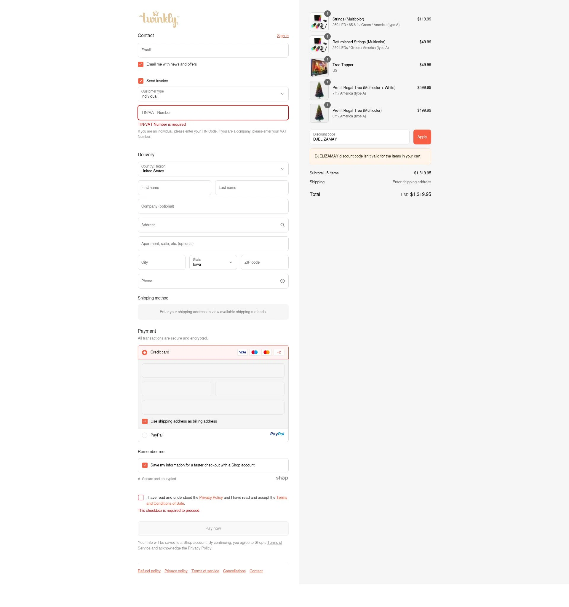 Twinkly checkout page showing Twinkly discount code box | Screenshot taken by SimplyCodes community member on Sep 13, 2025