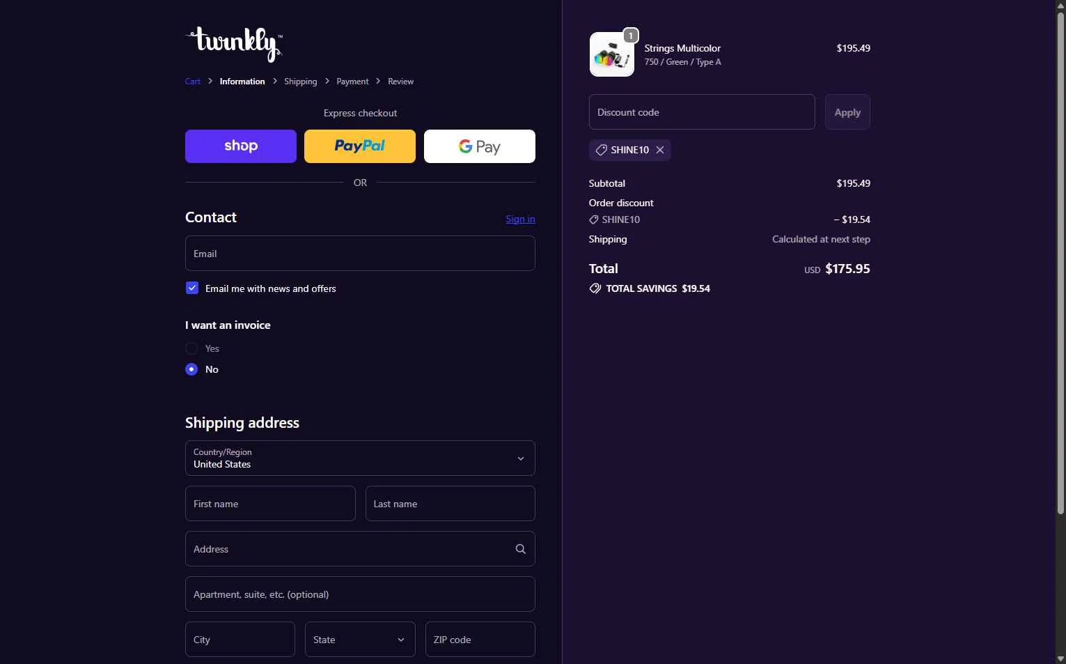 Twinkly checkout page showing Twinkly discount code box | Screenshot taken by SimplyCodes community member on Feb 2, 2026