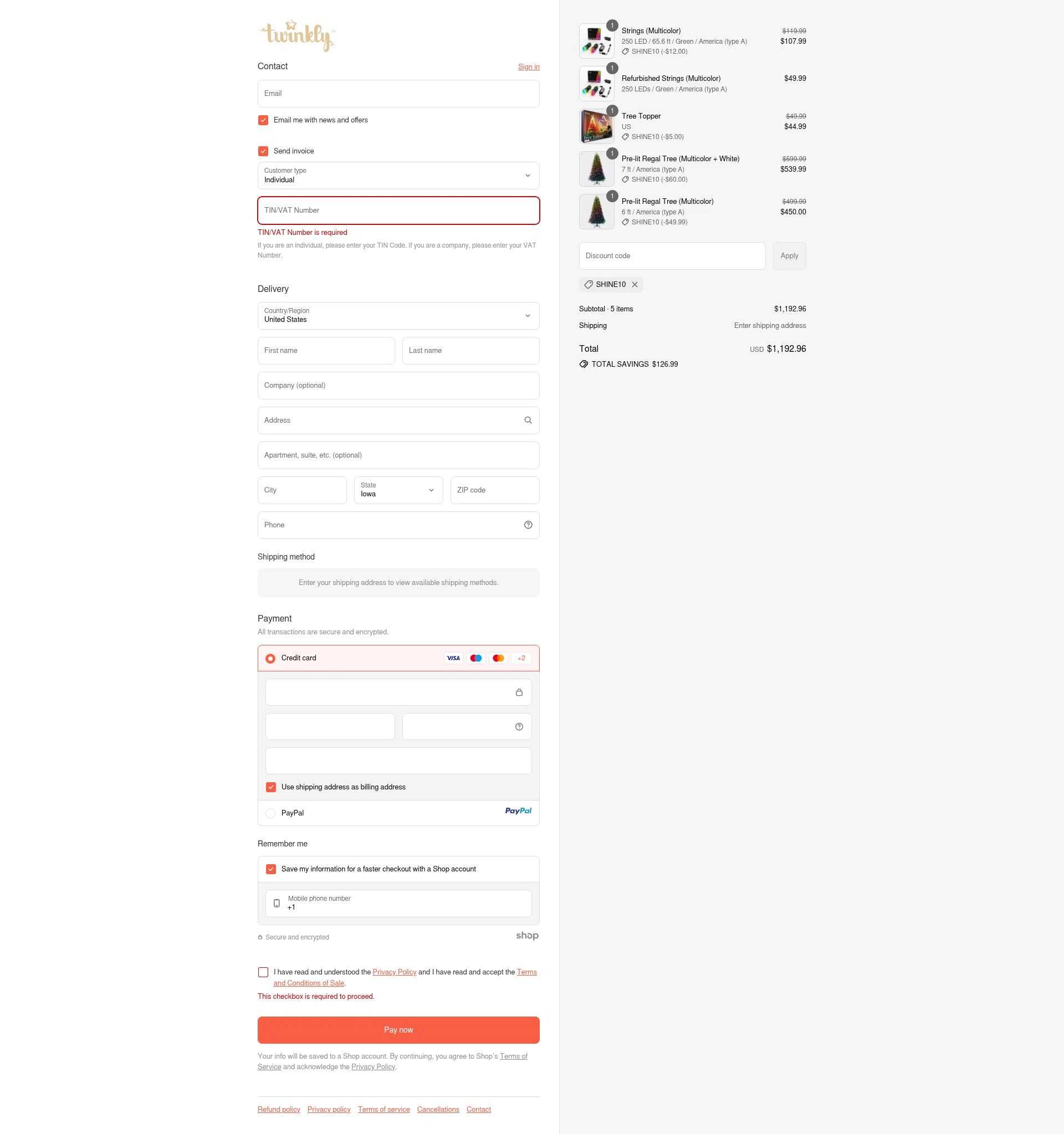 Twinkly checkout page showing Twinkly discount code box | Screenshot taken by SimplyCodes community member on Sep 13, 2025