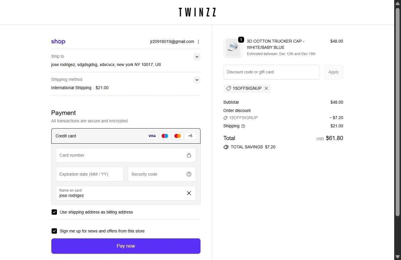 Twinzz checkout page showing Twinzz promo code box | Screenshot taken by SimplyCodes community member on Dec 11, 2025