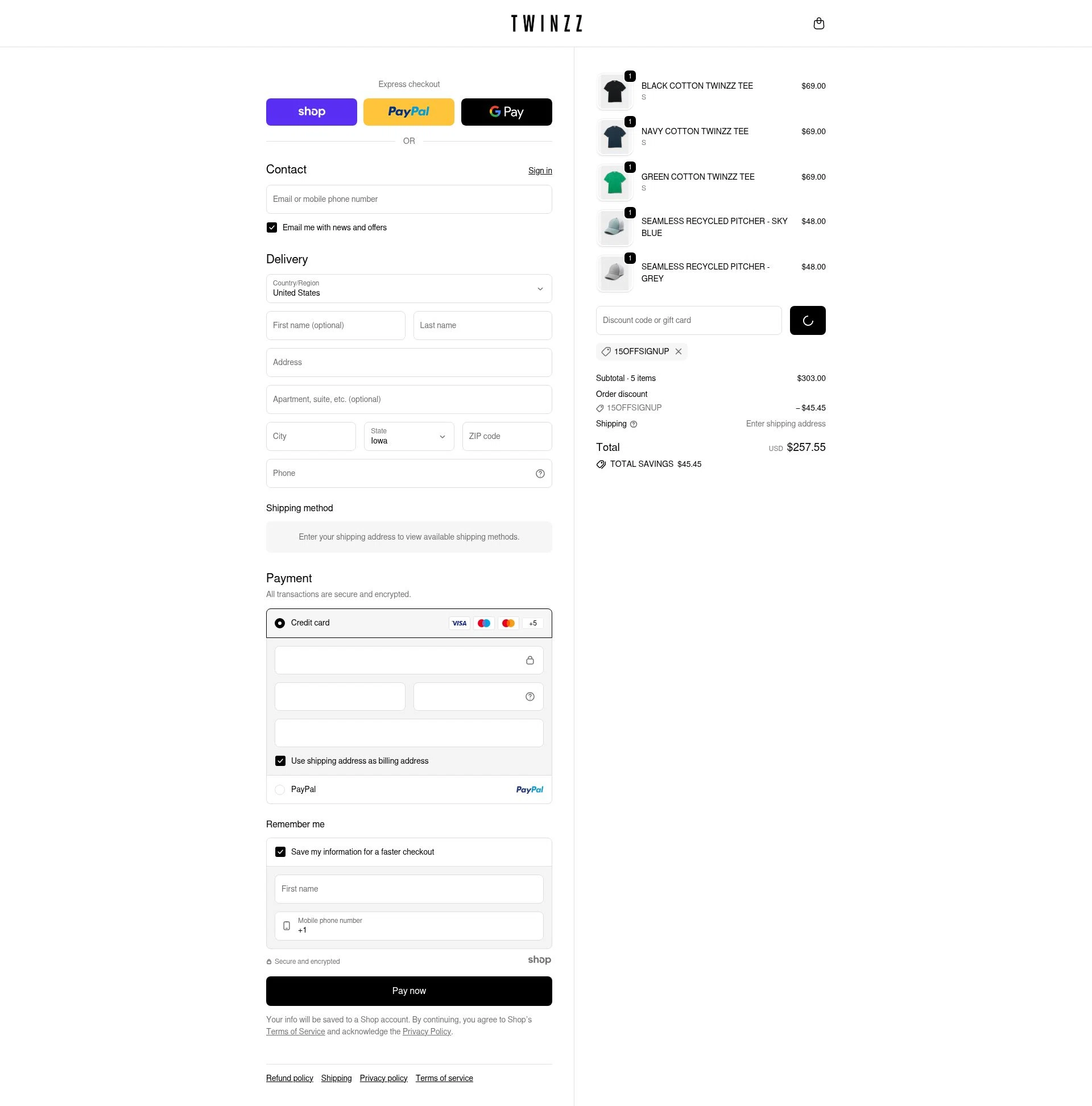 Twinzz checkout page showing Twinzz promo code box | Screenshot taken by SimplyCodes community member on Dec 17, 2025