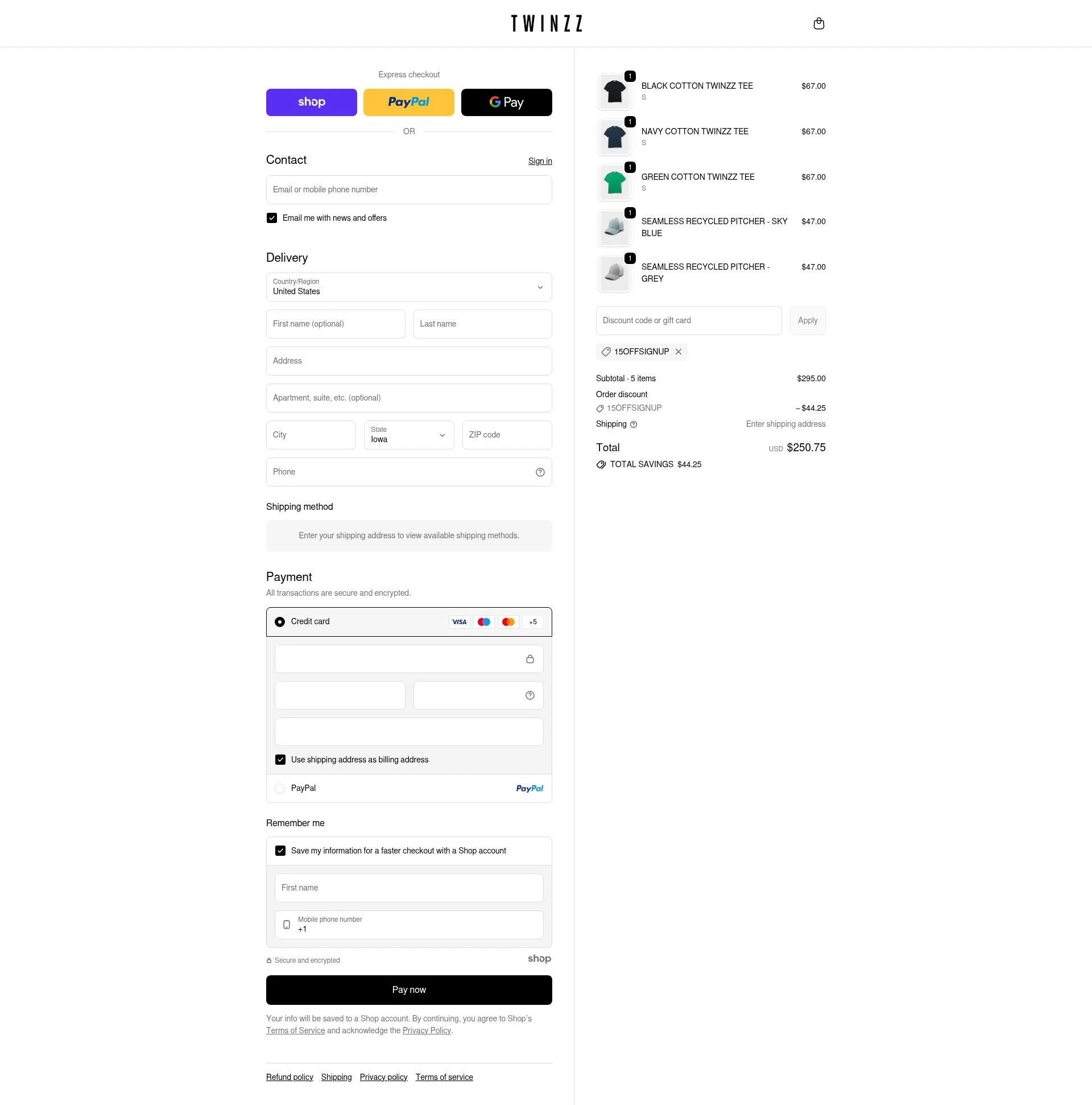 Twinzz checkout page showing Twinzz promo code box | Screenshot taken by SimplyCodes community member on Nov 20, 2025