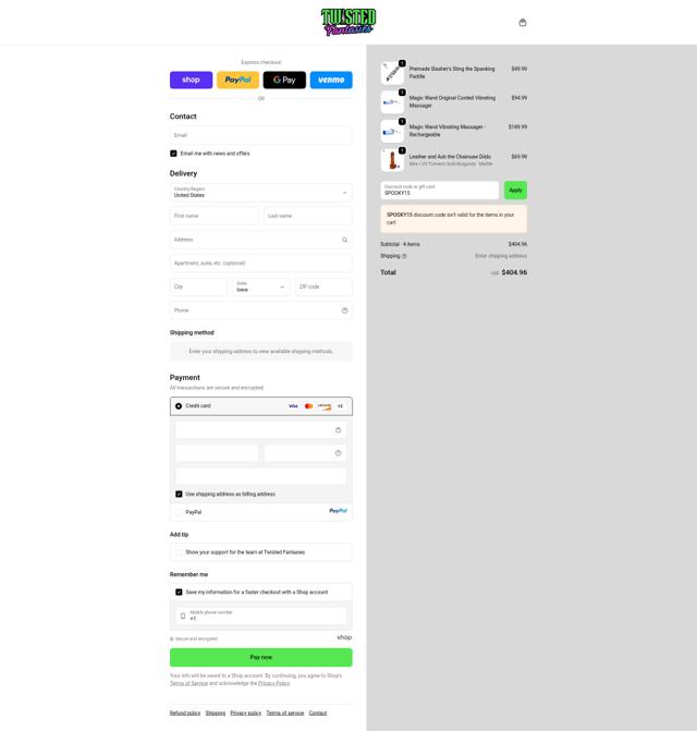 Twisted Fantasies checkout page showing Twisted Fantasies promo code box | Screenshot taken by SimplyCodes community member on Sep 23, 2025