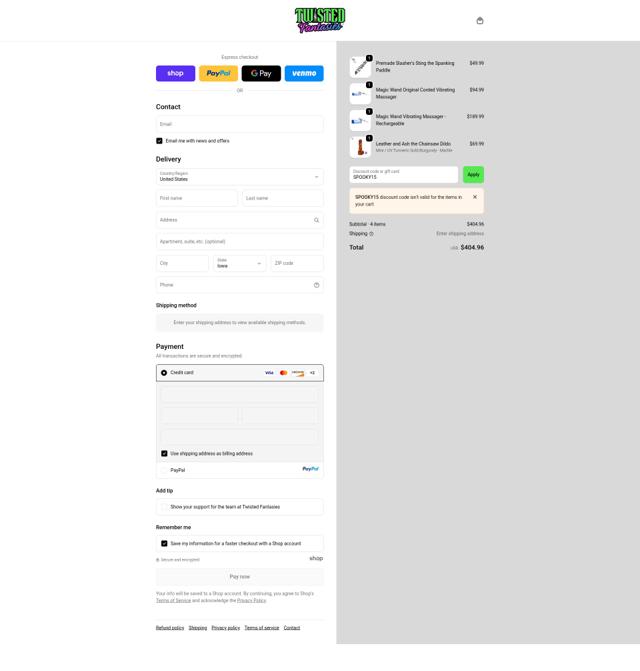 Twisted Fantasies checkout page showing Twisted Fantasies promo code box | Screenshot taken by SimplyCodes community member on Oct 1, 2025