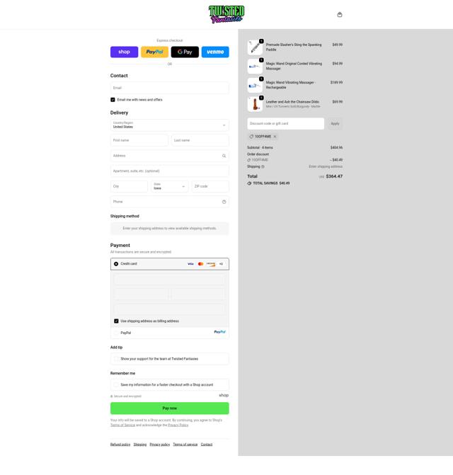 Twisted Fantasies checkout page showing Twisted Fantasies promo code box | Screenshot taken by SimplyCodes community member on Oct 1, 2025