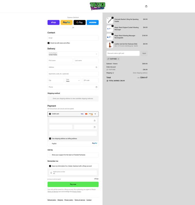 Twisted Fantasies checkout page showing Twisted Fantasies promo code box | Screenshot taken by SimplyCodes community member on Sep 23, 2025