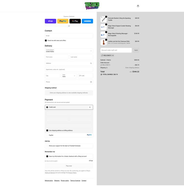 Twisted Fantasies checkout page showing Twisted Fantasies promo code box | Screenshot taken by SimplyCodes community member on Oct 1, 2025