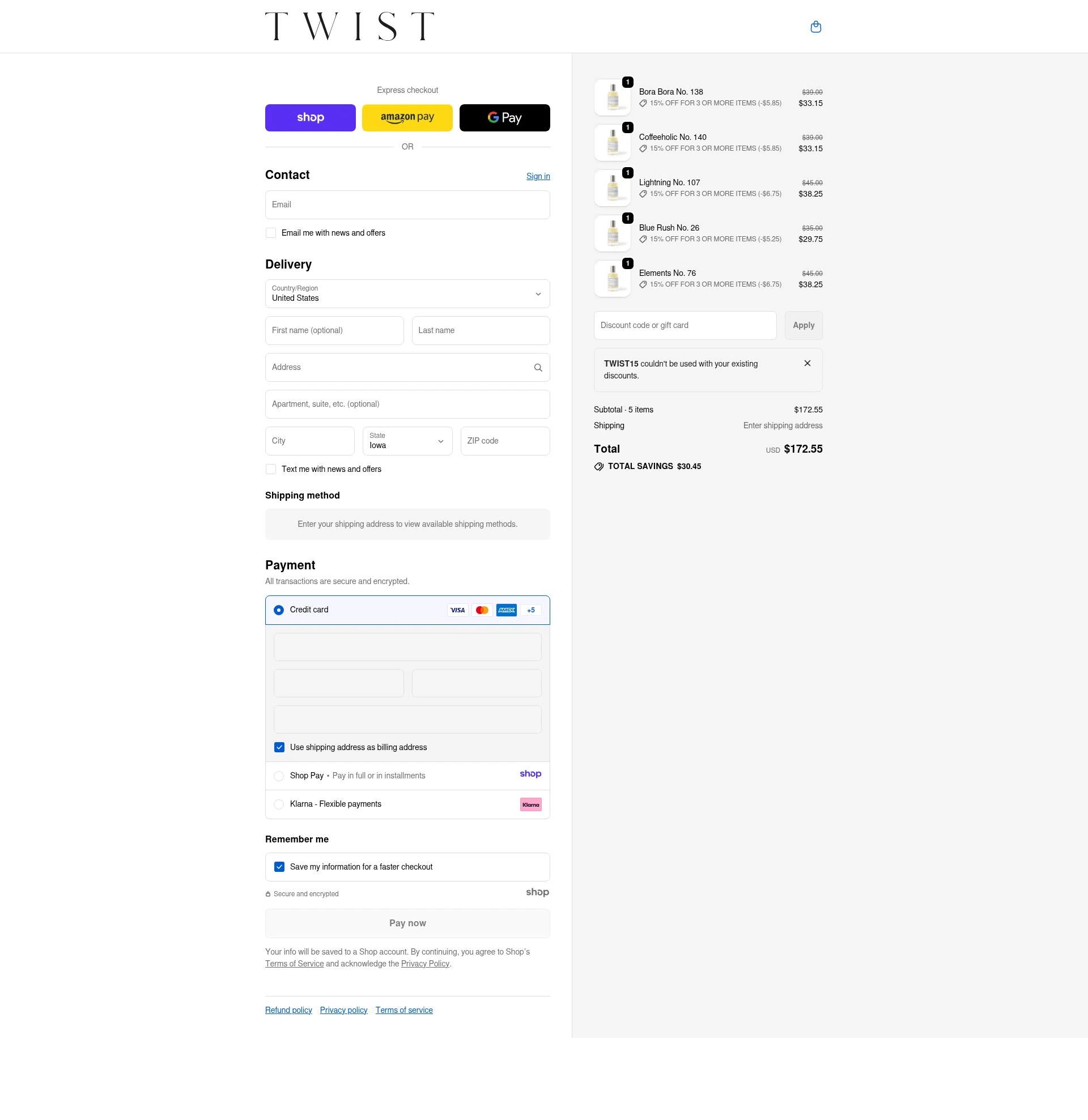 Twist Perfumes checkout page showing Twist Perfumes promo code box | Screenshot taken by SimplyCodes community member on Jan 5, 2026