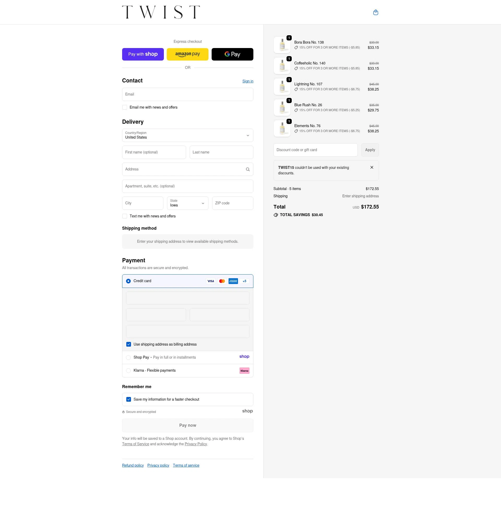 Twist Perfumes checkout page showing Twist Perfumes promo code box | Screenshot taken by SimplyCodes community member on Jan 10, 2026