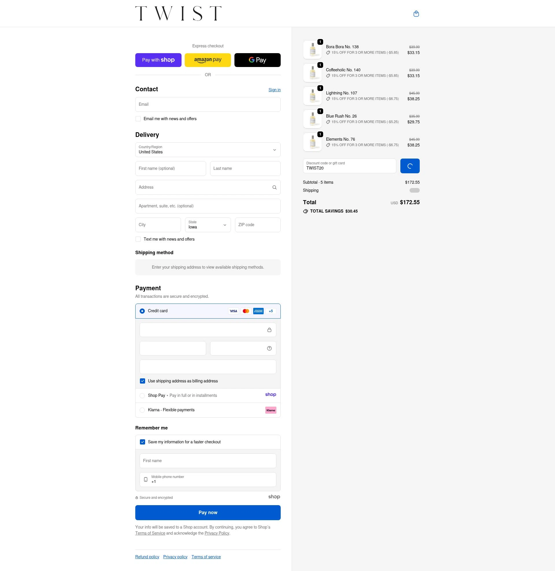 Twist Perfumes checkout page showing Twist Perfumes promo code box | Screenshot taken by SimplyCodes community member on Jan 10, 2026