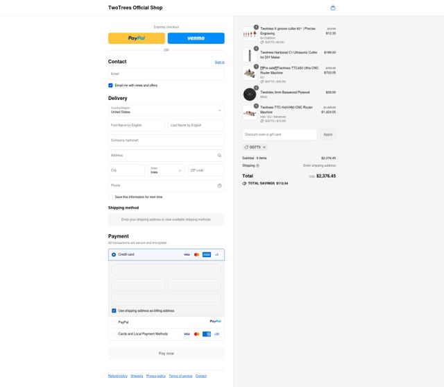 TwoTrees checkout page showing TwoTrees discount code box | Screenshot taken by SimplyCodes community member on Sep 16, 2025