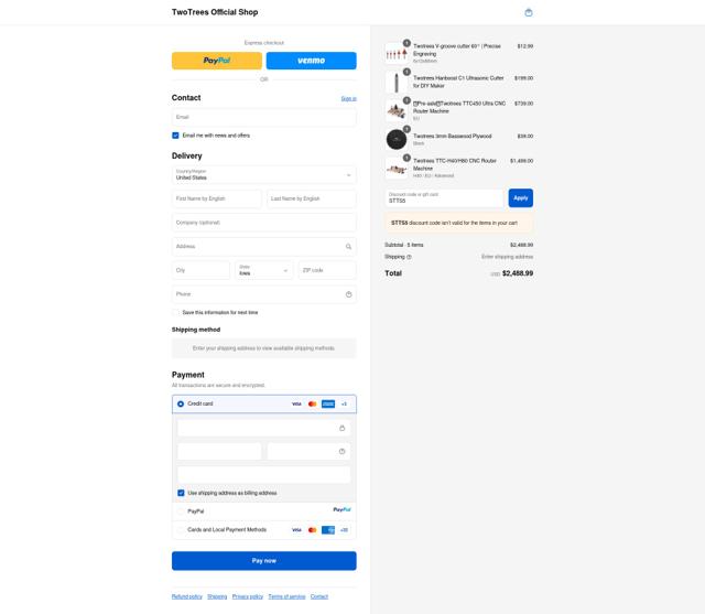 TwoTrees checkout page showing TwoTrees discount code box | Screenshot taken by SimplyCodes community member on Sep 16, 2025
