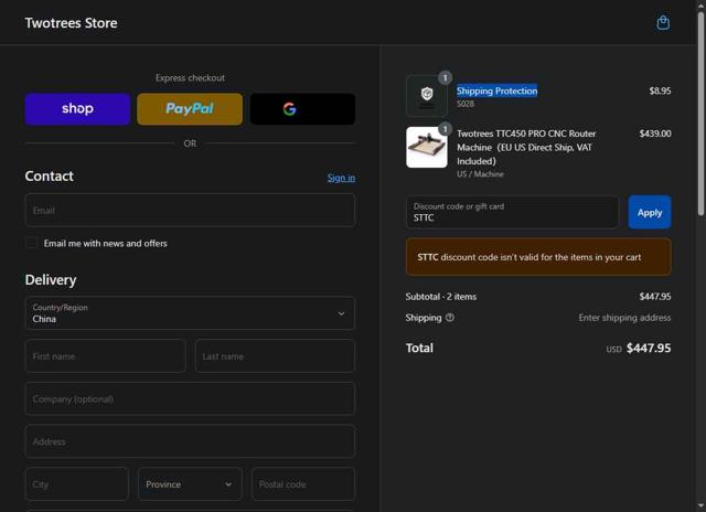 TwoTrees checkout page showing TwoTrees discount code box | Screenshot taken by SimplyCodes community member on Sep 17, 2025