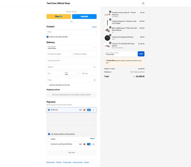 TwoTrees checkout page showing TwoTrees discount code box | Screenshot taken by SimplyCodes community member on Sep 16, 2025