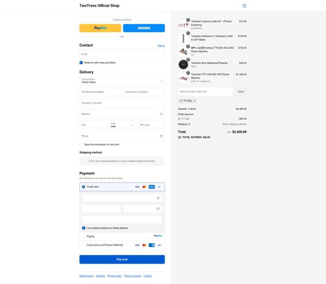 TwoTrees checkout page showing TwoTrees discount code box | Screenshot taken by SimplyCodes community member on Sep 16, 2025