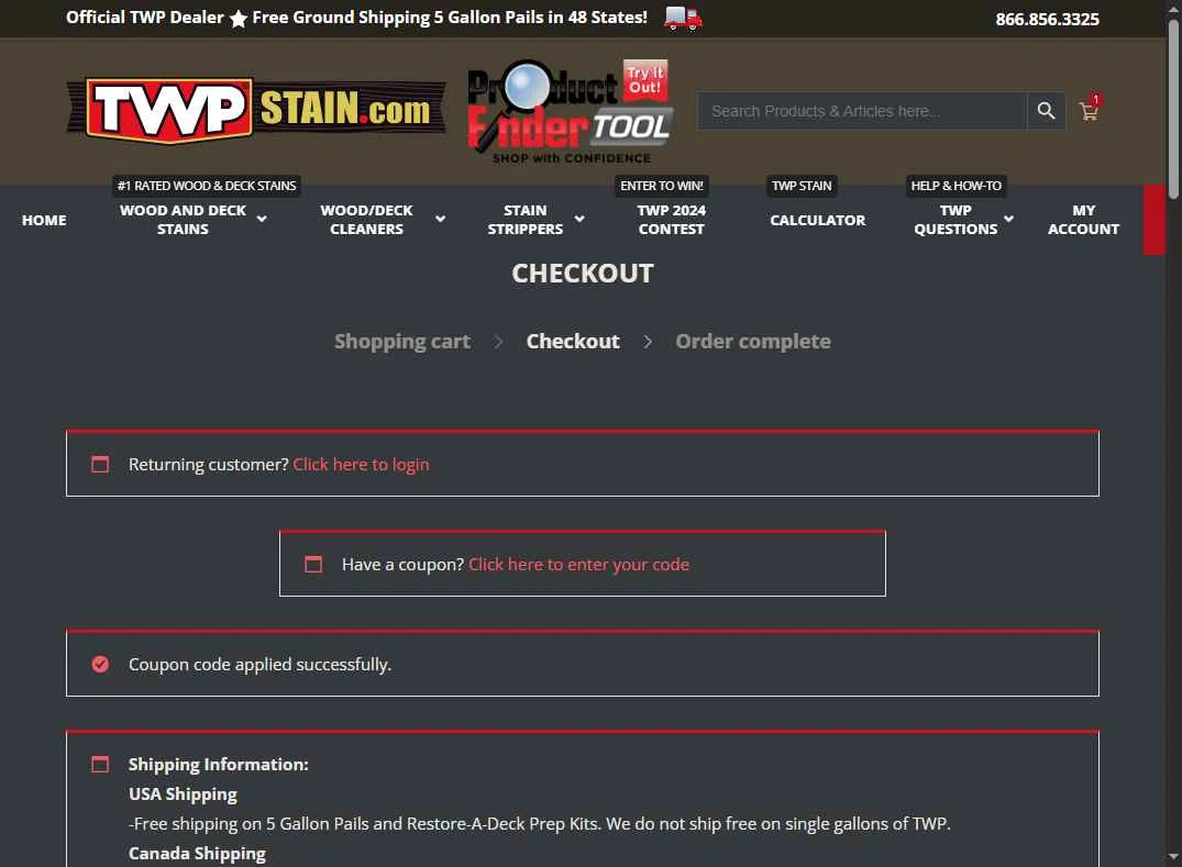 TWP Stain checkout page showing TWP Stain promo code box | Screenshot taken by SimplyCodes community member on Sep 28, 2025