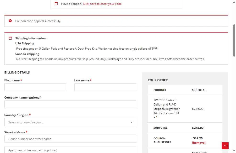 TWP Stain checkout page showing TWP Stain promo code box | Screenshot taken by SimplyCodes community member on Aug 1, 2025
