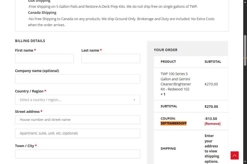 TWP Stain checkout page showing TWP Stain promo code box | Screenshot taken by SimplyCodes community member on Aug 30, 2025