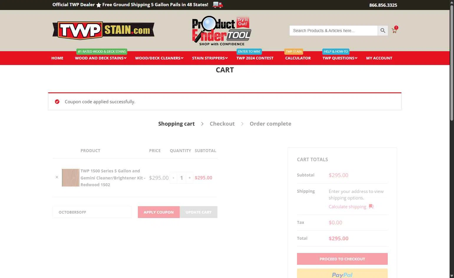 TWP Stain checkout page showing TWP Stain promo code box | Screenshot taken by SimplyCodes community member on Oct 26, 2025