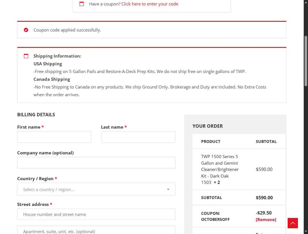 TWP Stain checkout page showing TWP Stain promo code box | Screenshot taken by SimplyCodes community member on Sep 27, 2025