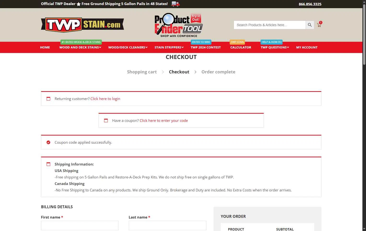 TWP Stain checkout page showing TWP Stain promo code box | Screenshot taken by SimplyCodes community member on Oct 26, 2025