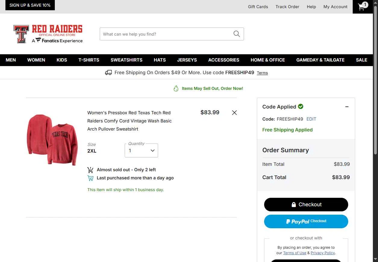 Texas Tech Red Raiders Shop checkout page showing Texas Tech Red Raiders Shop promo code box | Screenshot taken by SimplyCodes community member on Jan 20, 2026