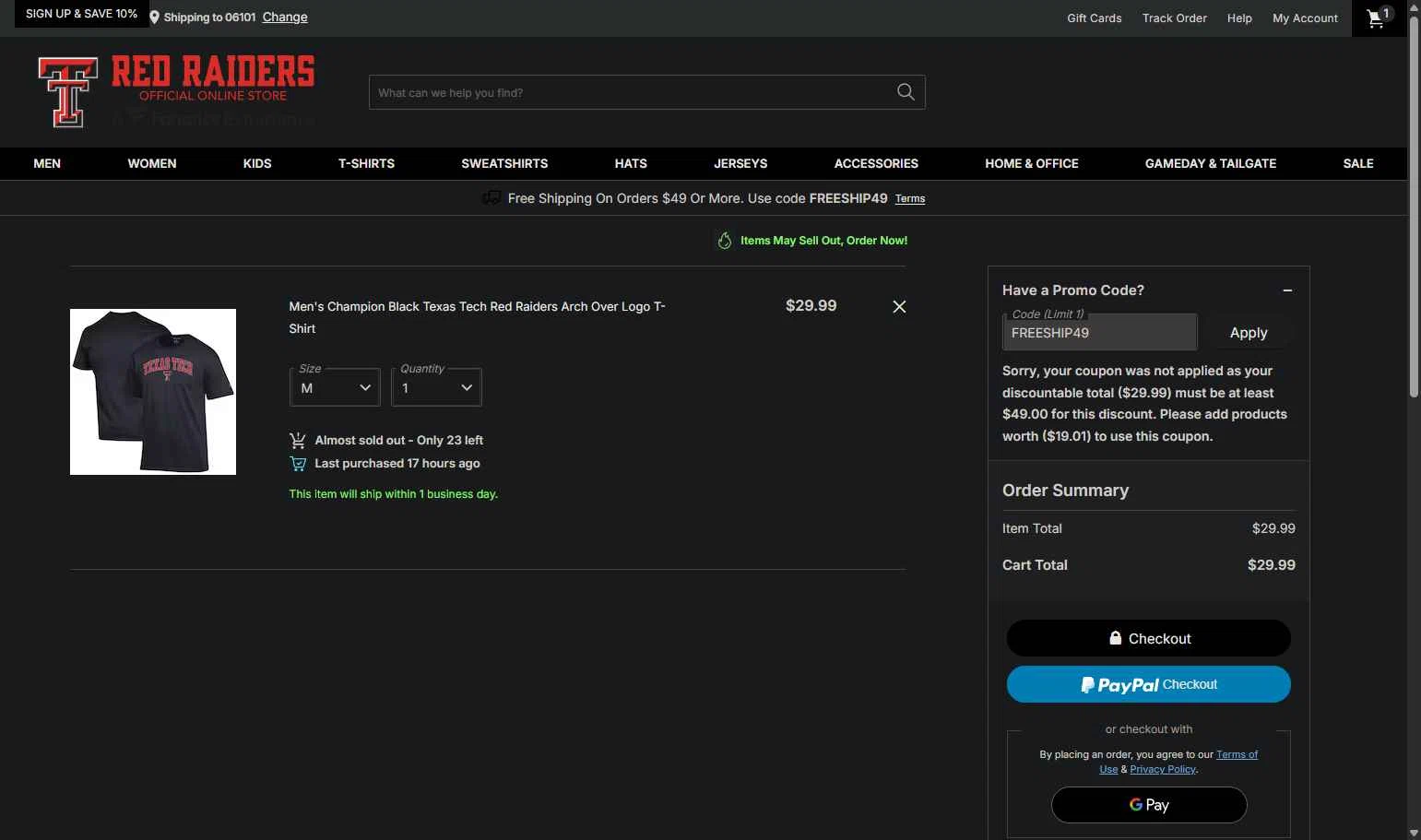 Texas Tech Red Raiders Shop checkout page showing Texas Tech Red Raiders Shop promo code box | Screenshot taken by SimplyCodes community member on Feb 1, 2026