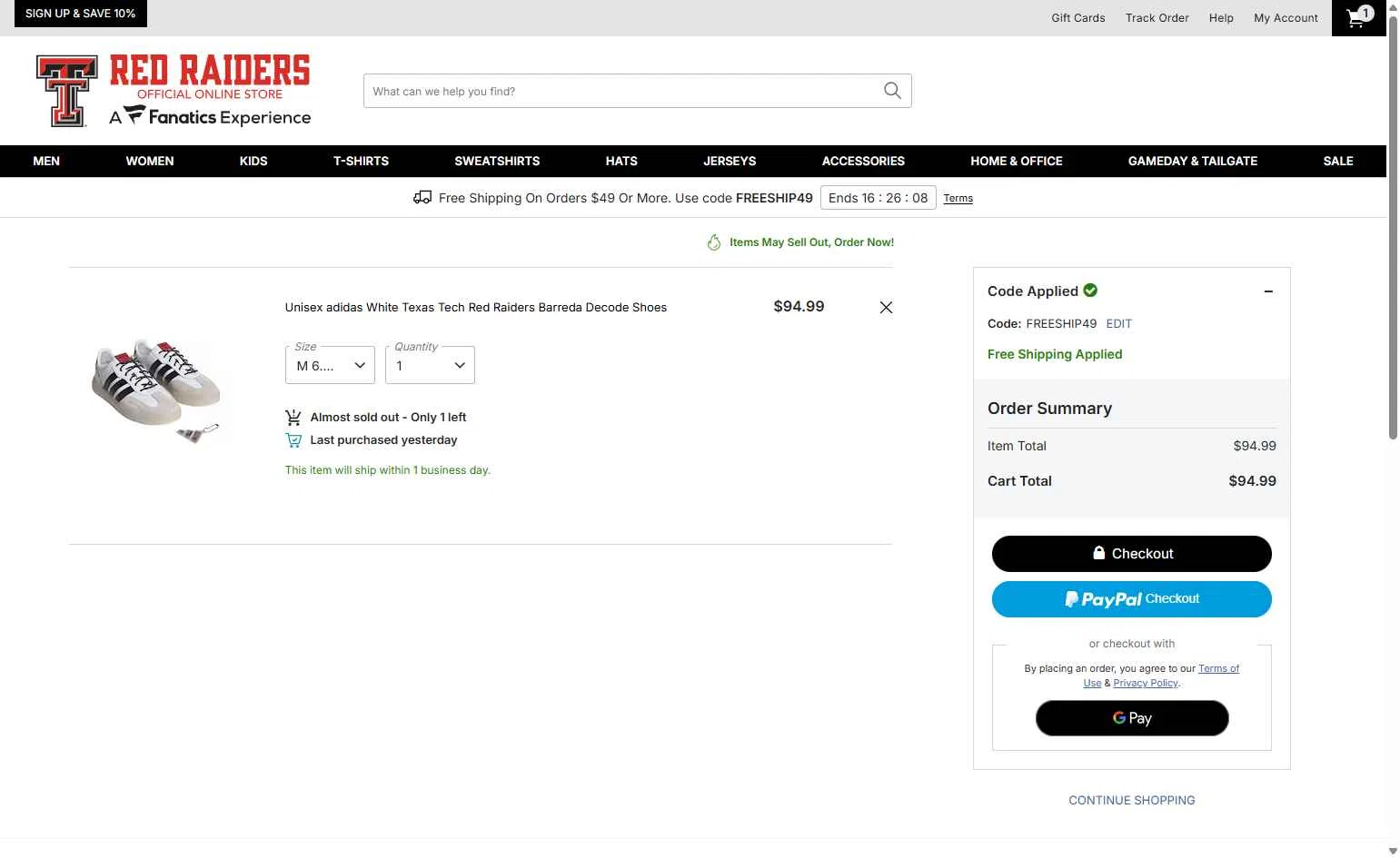 Texas Tech Red Raiders Shop checkout page showing Texas Tech Red Raiders Shop promo code box | Screenshot taken by SimplyCodes community member on Feb 10, 2026