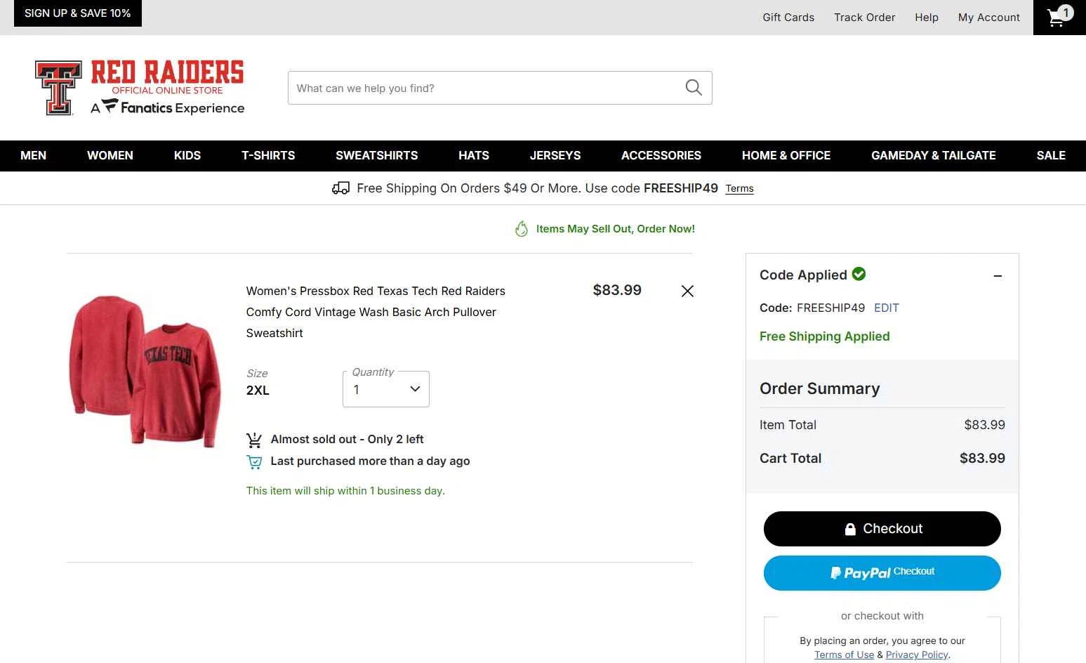 Texas Tech Red Raiders Shop checkout page showing Texas Tech Red Raiders Shop promo code box | Screenshot taken by SimplyCodes community member on Jan 20, 2026