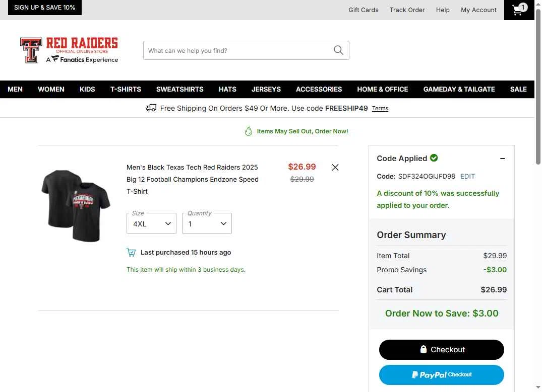 Texas Tech Red Raiders Shop checkout page showing Texas Tech Red Raiders Shop promo code box | Screenshot taken by SimplyCodes community member on Feb 2, 2026