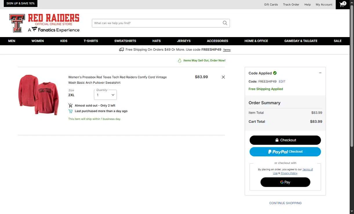 Texas Tech Red Raiders Shop checkout page showing Texas Tech Red Raiders Shop promo code box | Screenshot taken by SimplyCodes community member on Jan 14, 2026