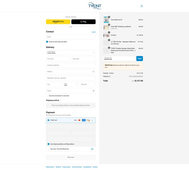 Tyent USA checkout page showing Tyent USA promo code box | Screenshot taken by SimplyCodes community member on Aug 23, 2025