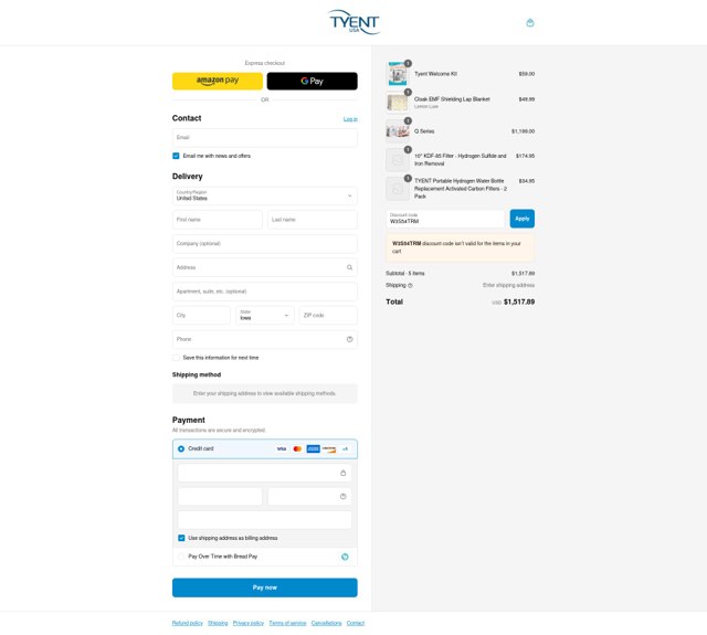 Tyent USA checkout page showing Tyent USA promo code box | Screenshot taken by SimplyCodes community member on Aug 23, 2025