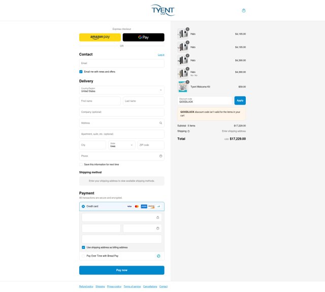 Tyent USA checkout page showing Tyent USA promo code box | Screenshot taken by SimplyCodes community member on Aug 31, 2025