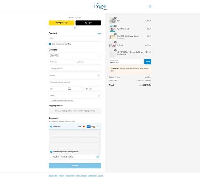Tyent USA checkout page showing Tyent USA promo code box | Screenshot taken by SimplyCodes community member on Aug 27, 2025