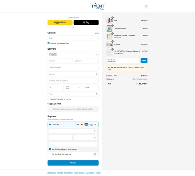 Tyent USA checkout page showing Tyent USA promo code box | Screenshot taken by SimplyCodes community member on Aug 27, 2025