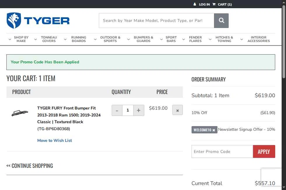 TYGER Auto checkout page showing TYGER Auto promo code box | Screenshot taken by SimplyCodes community member on Jun 8, 2025