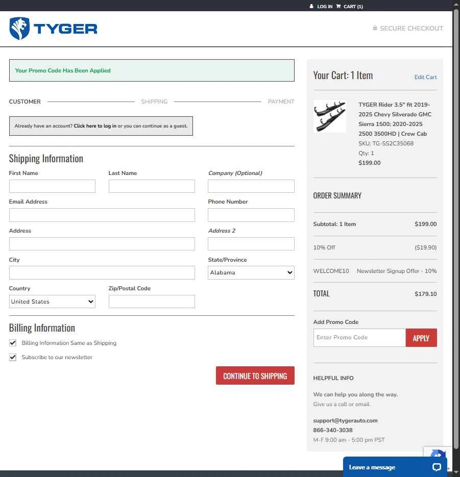 TYGER Auto checkout page showing TYGER Auto promo code box | Screenshot taken by SimplyCodes community member on Jun 15, 2025